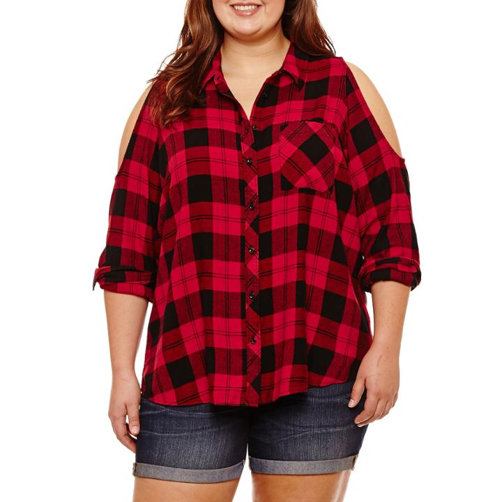 Arizona. Long Sleeve Plaid Button-front Shirt-juniors Plus
