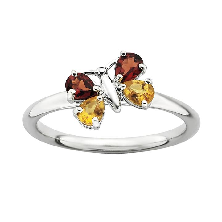 Personally Stackable Genuine Citrine And Garnet Butterfly Ring