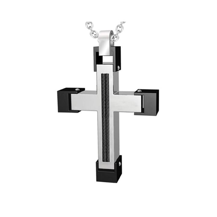 Mens Stainless Steel And Black Cable Cross Pendant