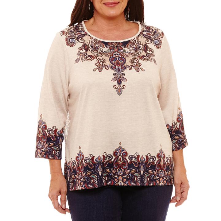 Alfred Dunner Gypsy Moon 3/4 Sleeve Scroll Border T-shirt-plus