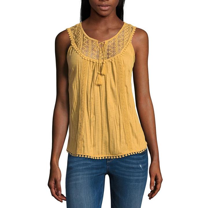 Almost Famous Sleeveless Split Crew Neck Woven Blouse-juniors