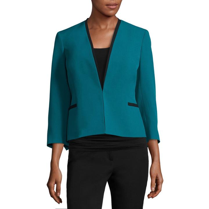 Black Label By Evan-picone 3/4-sleeve Collarless Jacket With Contrast Trim