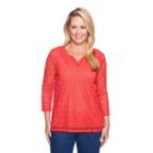 Alfred Dunner Out Of The Blue 3/4 Sleeve Split Crew Neck Lace Overlay Top -womens