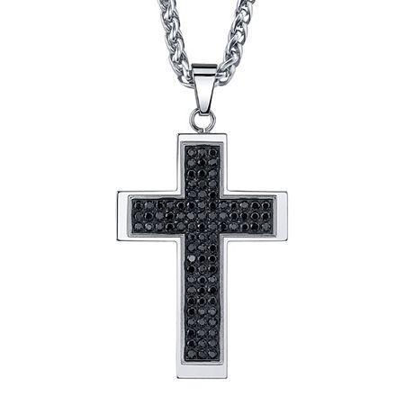 Mens Stainless Steel & Black Cubic Zirconia Cross Pendant Necklace