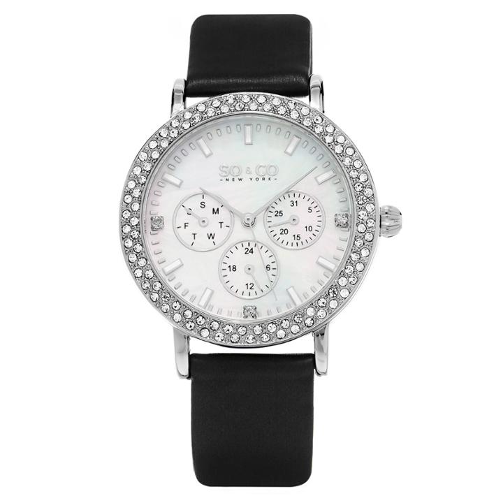So & Co Ny Womens Madison Leather Casual Mother Of Pearl & Crystal Day And Date Quartz Watch J159p60