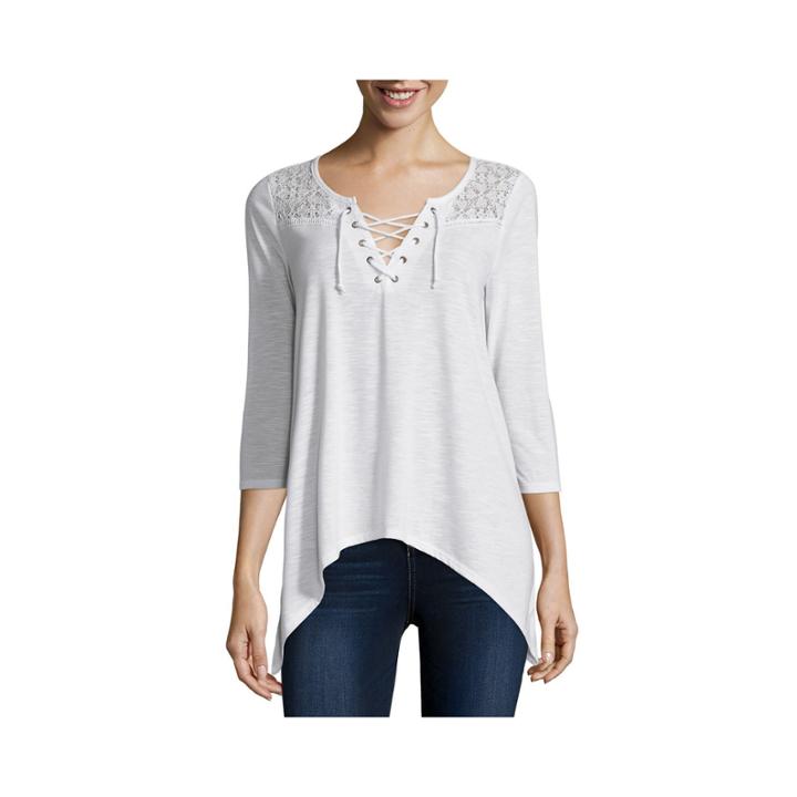 Almost Famous Elbow-sleeve Lace-up Sharkbite Top - Juniors