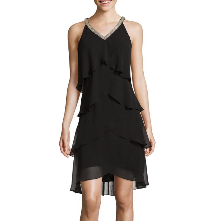 Sl Fashions Sleeveless Tiered V-neck Rhinestone Shift Dress