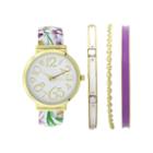 Womens Floral Bangle Watch And Bracelet Set