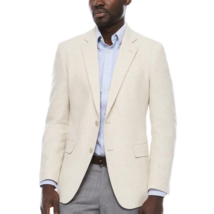Stafford Linen Cotton Bone Herringbone Sport Coat-slim