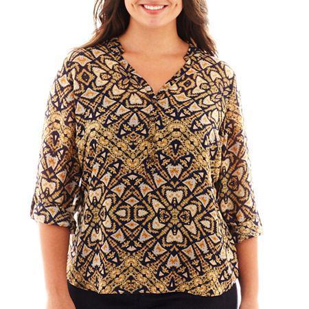 A.n.a Long-sleeve Mandarin Collar Chiffon Popover Top - Plus