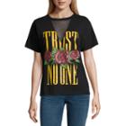 Mesh V Neck Trust No One Graphic T-shirt- Juniors