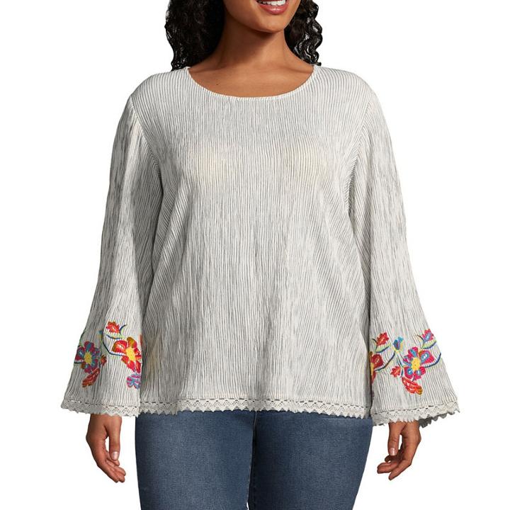 Long Sleeve Embroidered Blouse With Lace Trim - Plus
