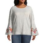 Long Sleeve Embroidered Blouse With Lace Trim - Plus