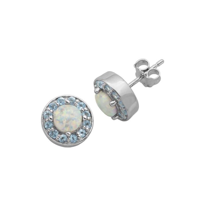 Genuine Swiss Blue Topaz And Lab-created Opal Halo Earrings