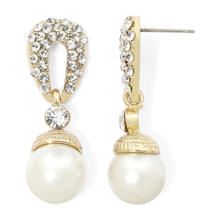 Vieste Simulated Pearl And Pav Crystal Gold-tone Drop Earrings