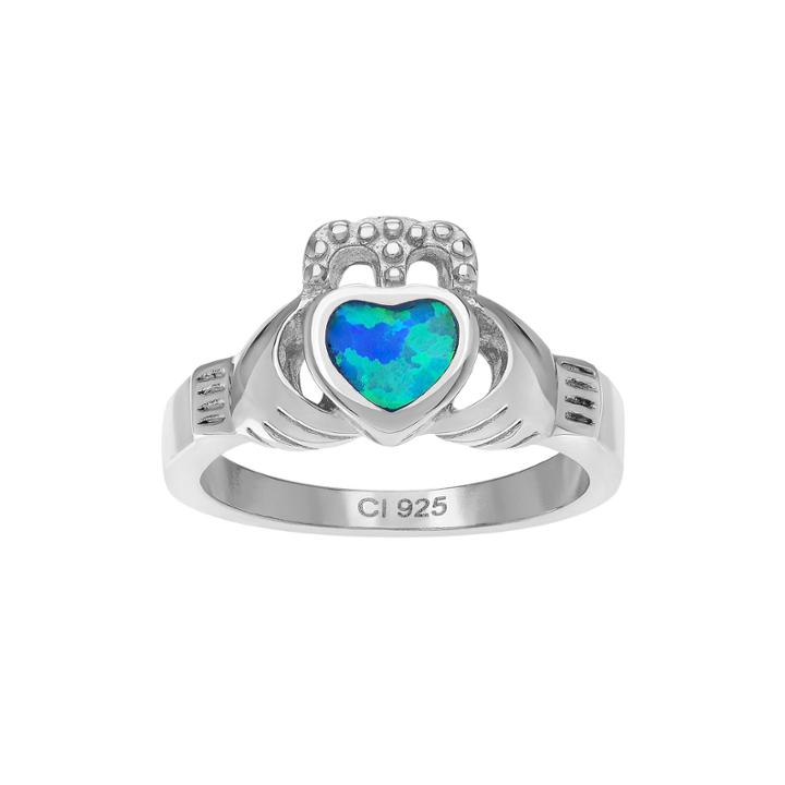 Genuine Blue Opal Sterling Silver Heart Claddagh Ring