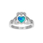 Genuine Blue Opal Sterling Silver Heart Claddagh Ring