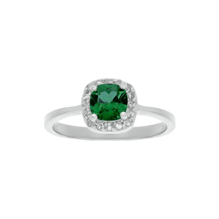 Cushion-cut Lab-created Emerald And Genuine White Topaz Sterling Silver Ring
