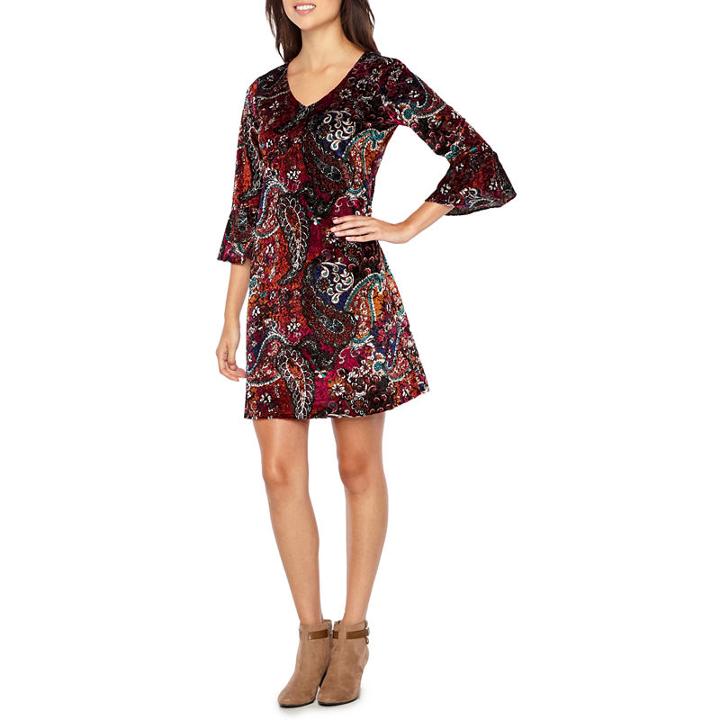 Msk 3/4 Bell Sleeve Velvet Shift Dress