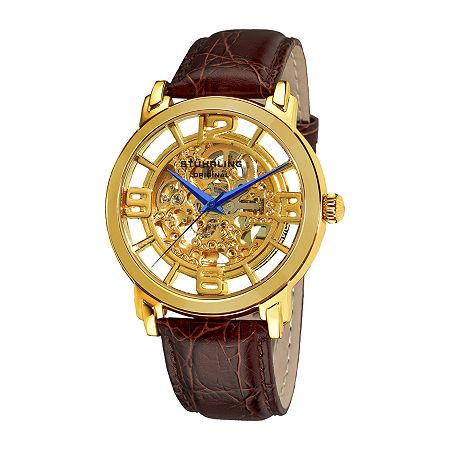 Sthrling Original Mens Gold-tone Dial Croc-look Strap Skeleton Automatic Watch