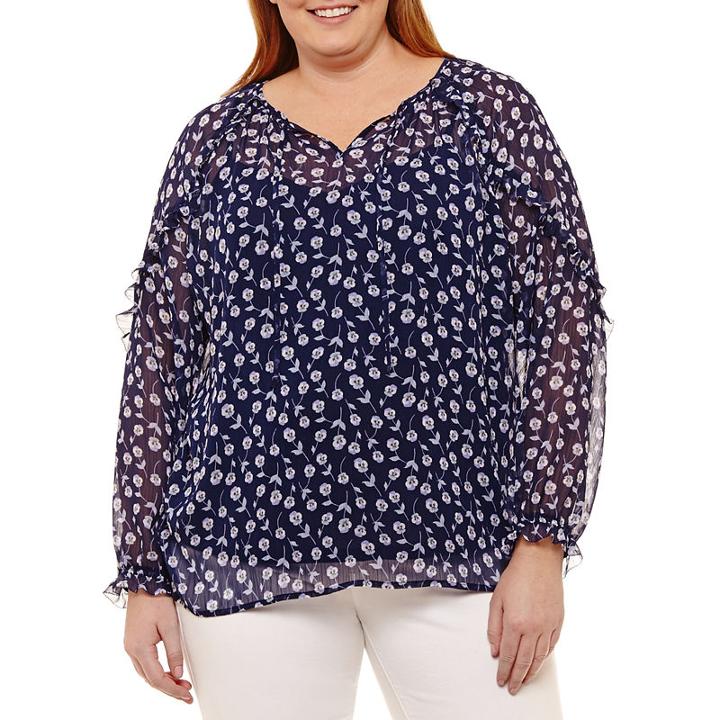 Liz Claiborne Ruffle Shoulder Tie Blouse- Plus