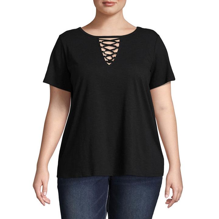Boutique + Short Sleeve Lace Up T-shirt - Plus