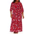 Boutique + Tie Neck 3/4 Sleeve Maxi Dress-plus