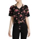 Cut And Paste Short Sleeve V Neck Floral T-shirt-womens Juniors
