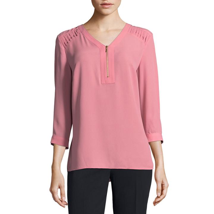 Liz Claiborne Long Sleeve V Neck Georgette Dots Blouse
