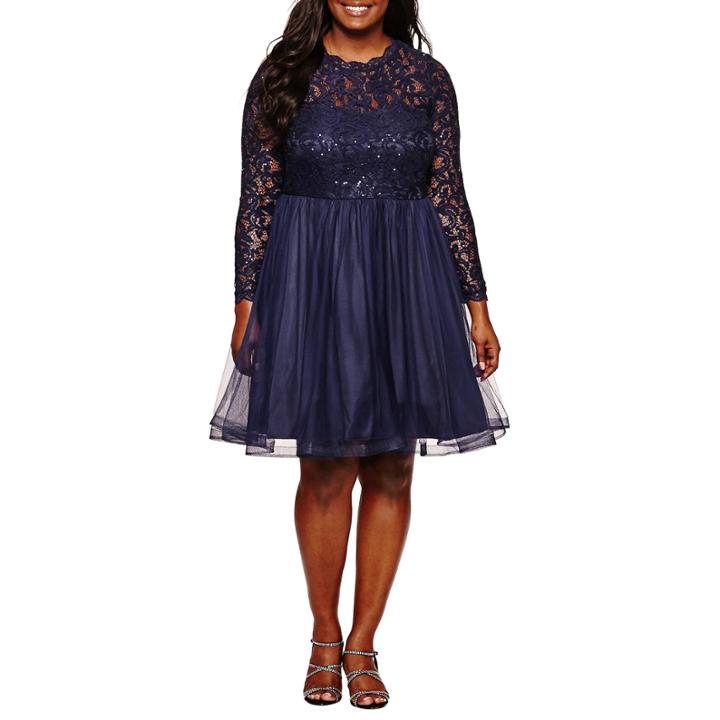 My Michelle Long Sleeve Navy Laceparty Dress-juniors Plus