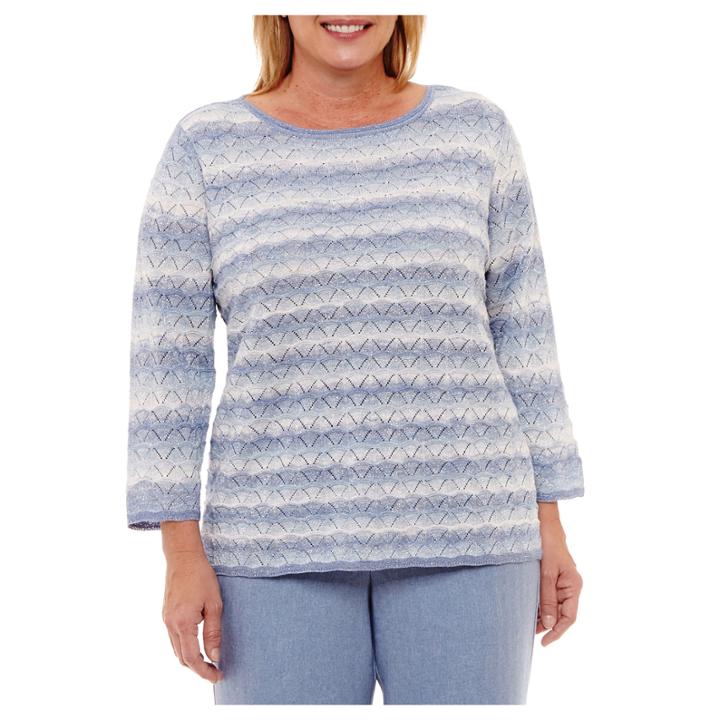 Alfred Dunner Silver Belles 3/4 Sleeve Crew Neck Stripe Pullover Sweater-plus