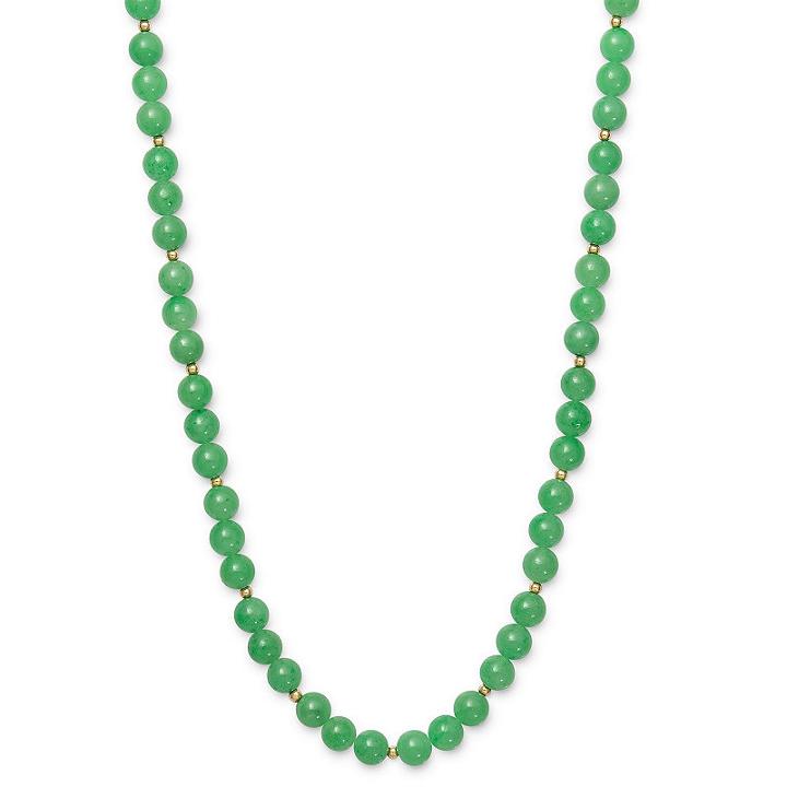 Womens Green Jade 14k Gold Round Strand Necklace
