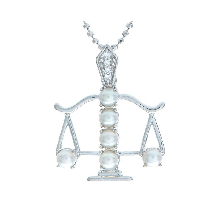 Libra Zodiac Cultured Freshwater Pearl And Cz Sterling Silver Pendant Necklace