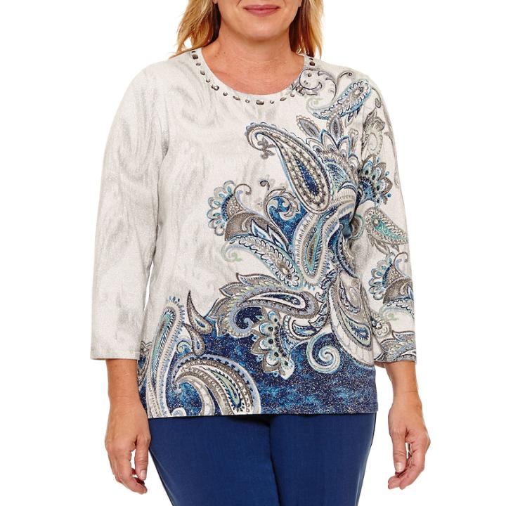 Alfred Dunner Arizona Sky 3/4 Sleeve Crew Neck Pullover Sweater-plus