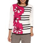 Alfred Dunner Theater District 3/4 Sleeve Floral Graphic Stripe Pullover Sweater