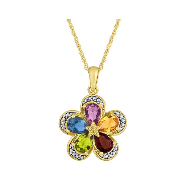 Simulated Multi-gemstone Flower Two-tone Pendant Necklace