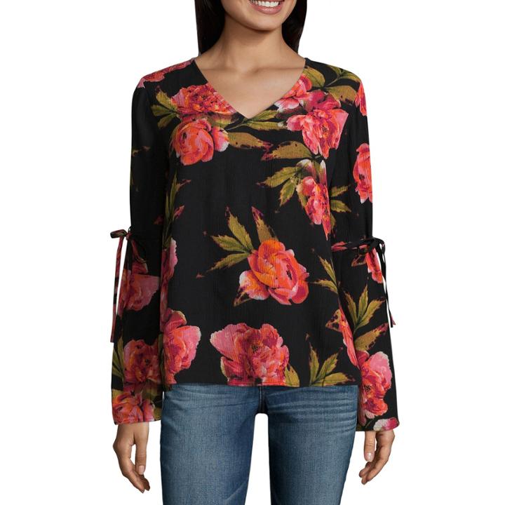 A.n.a Long Sleeve V Neck Woven Floral Blouse