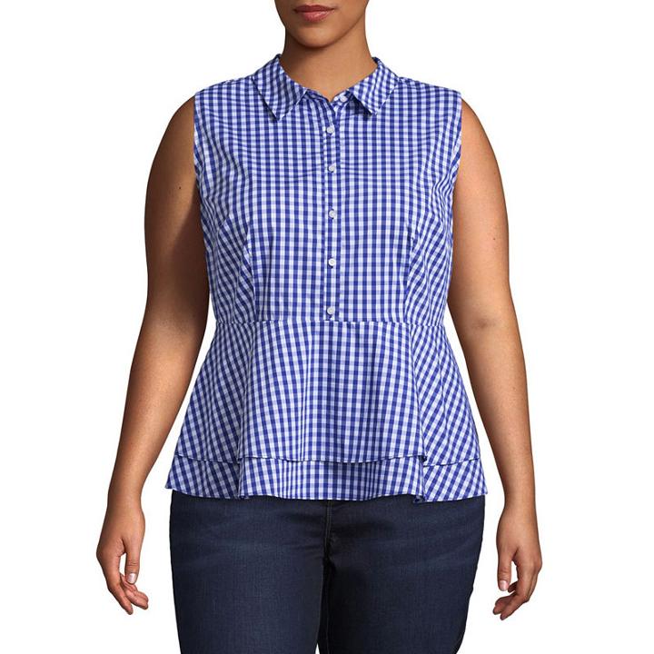 Boutique + Sleeveless Button Front Peplum Woven Gingham Blouse-plus