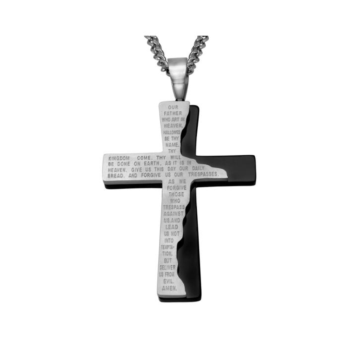 Mens Lord's Prayer Two-tone Stainless Steel Cross Pendant Necklace