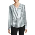 Worthington Long Sleeve Y Neck Stripe T-shirt-womens Talls