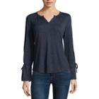 Liz Claiborne Tie Sleeve Split Neck T-shirt-womens