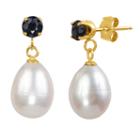 Cultured Freshwater Pearl & Genuine Blue Sapphire 14k Yellow Gold Earrings