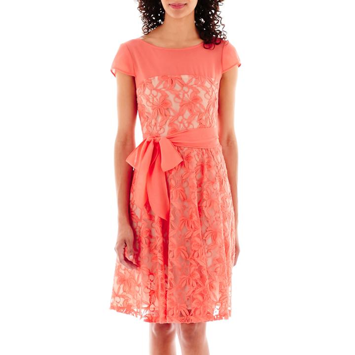 Danny & Nicole Cap-sleeve Sash-tie Lace Dress