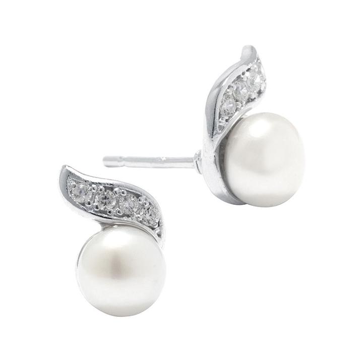 Cultured Freshwater Pearl And Cubic Zirconia Sterling Silver Swirl Earrings
