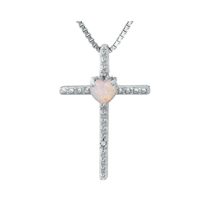 Lab-created Opal And Diamond-accent Sterling Silver Cross And Heart Pendant Necklace