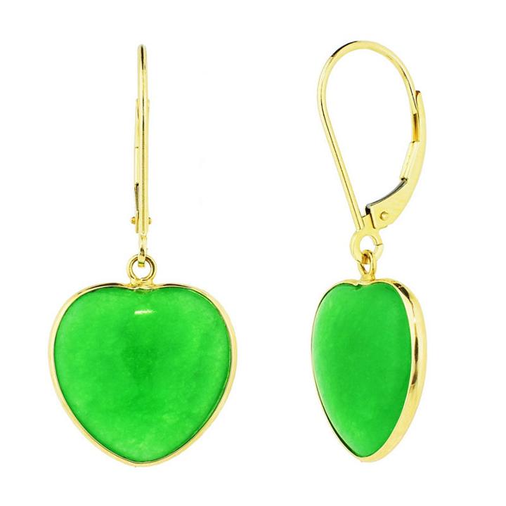Genuine Green Jade 14k Gold Heart Drop Earrings