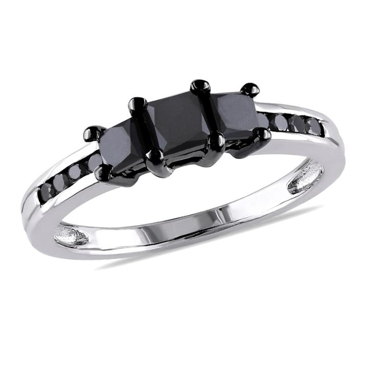Womens 1 Ct. T.w. Color Enhanced Princess Black Diamond Sterling Silver 3-stone Ring
