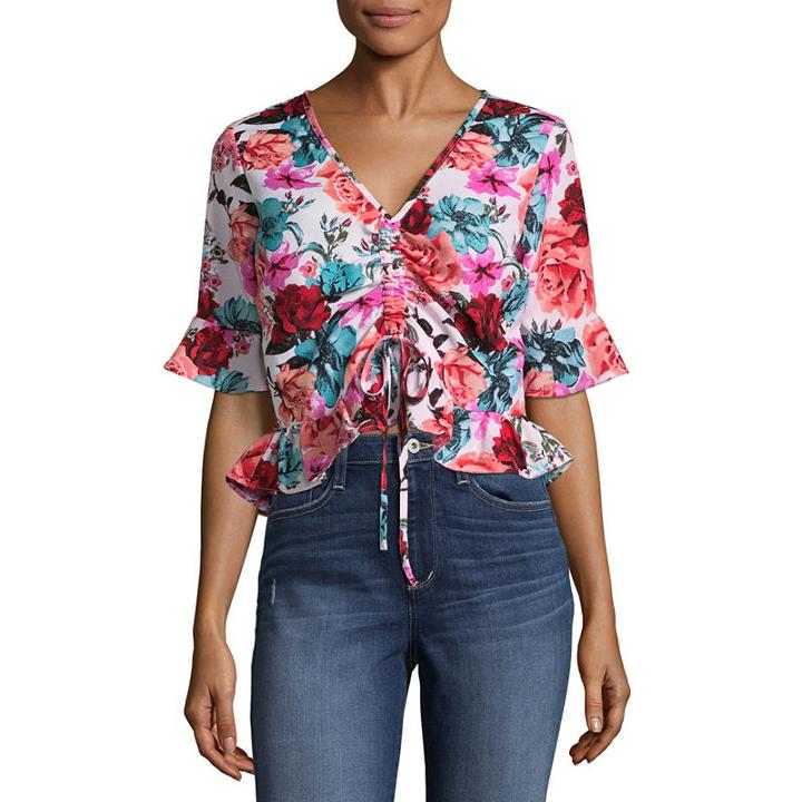Derek Heart 3/4 Sleeve V Neck Crepe Floral Blouse-juniors