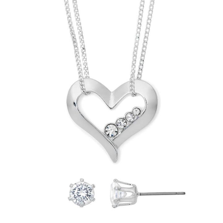 Mixit Cubic Zirconia Silver-tone Heart Earring And Necklace Set