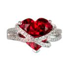 Lab-created Ruby & White Sapphire Heart Crossover Ring In Sterling Silver